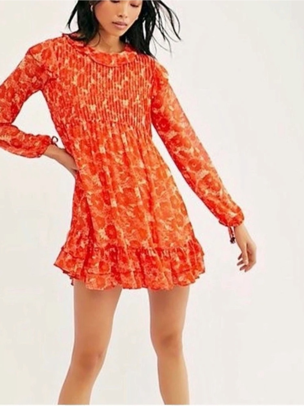 Free People These Dreams Long Sleeve Minidress Floral Orange Boho